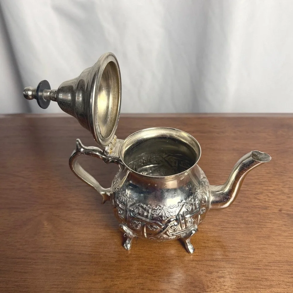 VTG Moroccan Silver Plate Teapot Repousse Footed Fez Style Wood Finial Signed